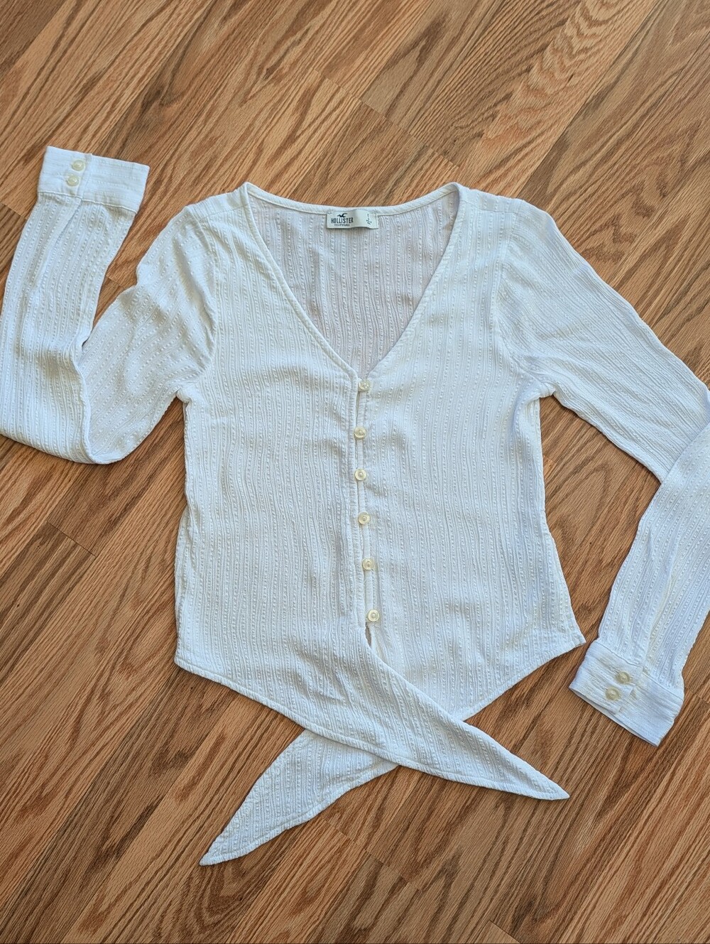 Hollister White Button Front Tie Waist Long Sleeve Top